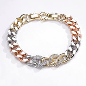 Proveedor de Joyería CM Joyeria Pulsera de Cadena Cubana Chapada en Oro de Alta Calidad para Mujer Pulsera Tricolor de Moda con Circonitas - Product Image 5