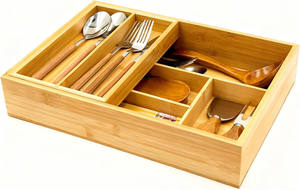 Organizador de cajones de bambú de dos niveles con bandeja extraíble para cubiertos, inserto profundo para utensilios. - Product Image 4