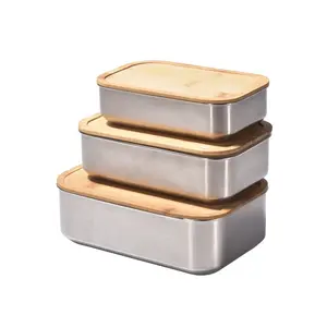 WS158 Bambus abdeckung im japanischen Stil Bento Box Edelstahl 3-Gitter-Lunchbox Tragbare Lunchbox für Studenten im Freien