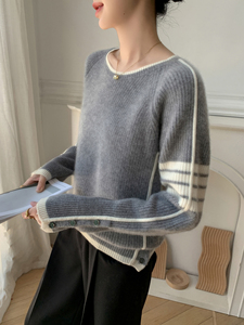 Camiseta de Tricô com Fivela de Laço e Decote Redondo em Cashmere para Mulheres, Outono e Inverno - Product Image 3