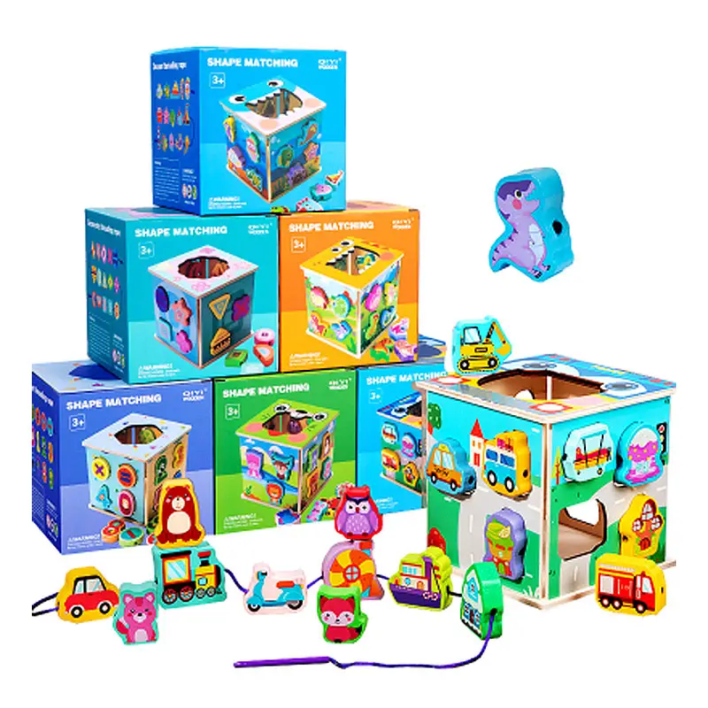 Kids Learning Animal Toy Educational Toy Preschool Teaching Aids 2-In-1 Wooden Square Puzzle Box Blocks Rope Pairing Ocean