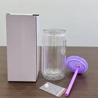Gobelet à double paroi en verre à sublimation RTS 16 oz/20 oz avec trou pré-percé et bouchon avec couvercles et pailles colorés