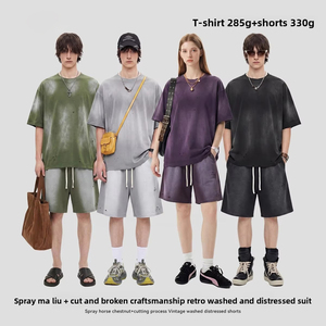 Camiseta de forro polar de color liso para hombre, cuello redondo, manga corta, estilo americano, con efecto desgastado y lavado, de importación transfronteriza - Product Image 1