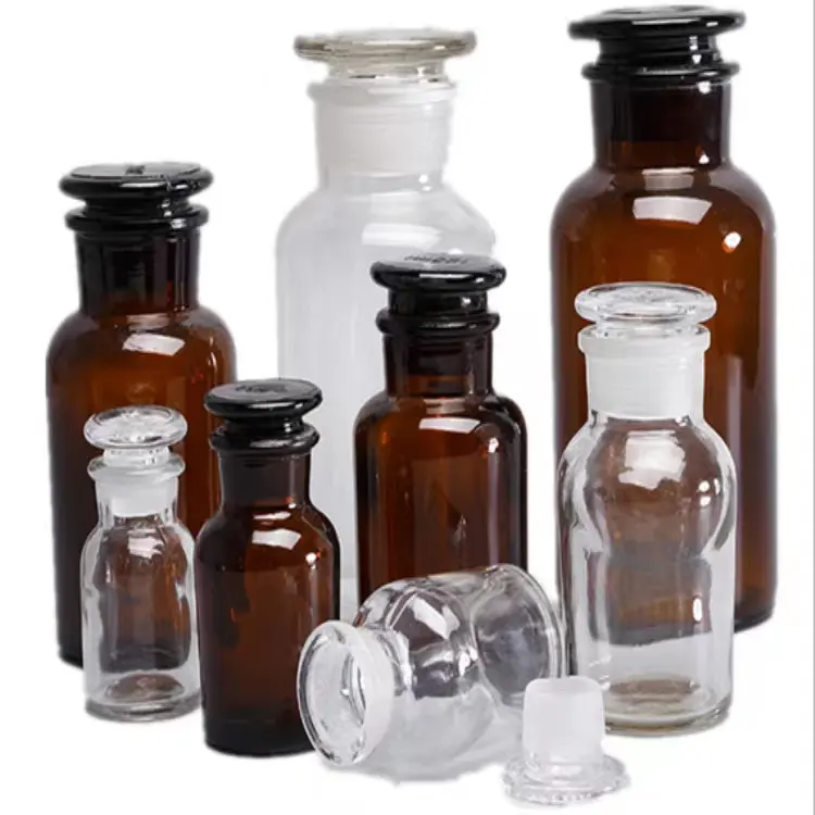 Frasco de laboratório para garrafas de vidro químico sólidas e transparentes, líquido estreito e de boca larga marrom