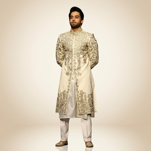 LATEST--BEAUTIFUL GOLD ZARDOZI EMBROIDERY on WHITE SILK SHERWANI ,KURTA WITH <b>PANT</b> Suits & Blazer>Men's Suits - Product Image 5