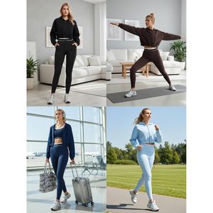 Ensemble de survêtement deux pièces pour femme : sweat à capuche court zippé et leggings taille haute – Tenue de yoga décontractée et respirante en Spandex - Product Image 6