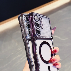 Glitter Diamond Transparent Phone Case for Samsung <strong>Galaxy</strong> S24 S25 S26 Ultra Wireless Charging Magnetic Plating Wave Edges Cover - Product Image 3