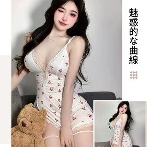 Vestido de Dormir con Tirantes y Escote Profundo en V con Estampado de Cerezas Blancas, Ropa de Dormir Suave y Sexy para Mujer - Product Image 2