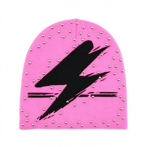 Bonnet tricoté rose clouté pour femme, motif éclair Y2K, chaud pour l'hiver, style décontracté, streetwear, casquette ajustée - Product Image 2