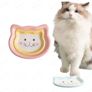 Ins Style Cute Kitten Pattern Ceramic Cat Food Bowl Short Pet Feeding Saucer Plate