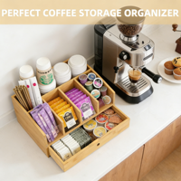 Nouveau support pour dosettes de café en bambou avec tiroir, petite boîte de rangement mignonne pour bar à café, caddie rustique pour condiments et thé