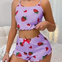 Nieuwe collectie dames zomerpyjama's met zoet fruitmotief, zachte geribbelde stof, casual nachtkleding, OEM aangepaste logo's beschikbaar, groothandel