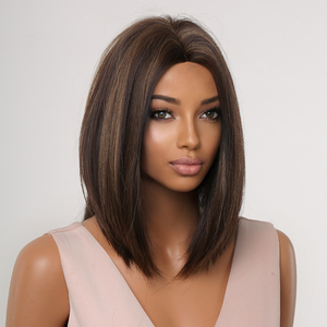 Peluca de cabello sintético <span class=keywords><strong>Afro</strong></span> para mujer afroamericana, cabellera artificial liso de fibra japonesa, color marrón oscuro y dorado, largo hasta los hombros, resistente al calor - Product Image 2
