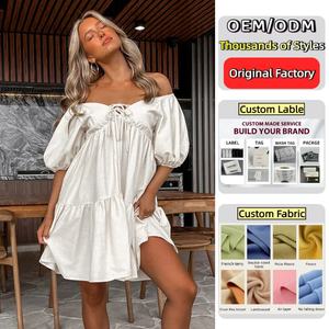 שמלת קיץ לבנה עם שרוולים נפוחים, גזרה בוהו, צווארון לב, שמלת מיני בייבידול, בגדי קיץ לנשים - Product Image 1