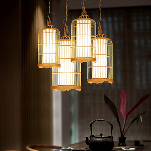 Lampadario a Gabbia di Uccelli Lungo con LED Bianco Caldo, Stile Classico Cinese Zen in Bambù, Altezza Regolabile per Sala da Pranzo, Casa e Hotel - Product Image 5