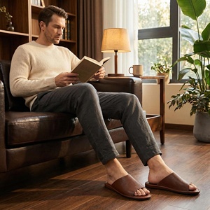 Sandales compensées unisexes en cuir de vachette véritable avec doublure en flanelle, haut de gamme, luxueuses, imperméables, antidérapantes et respirantes - Product Image 4