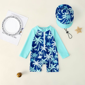 Nuevo traje de baño de verano para <span class=keywords><strong>niño</strong></span>, estampado de dibujos animados, de manga larga, con media cremallera, de una pieza, con gorro, conjunto de dos piezas para bebé - Product Image 4