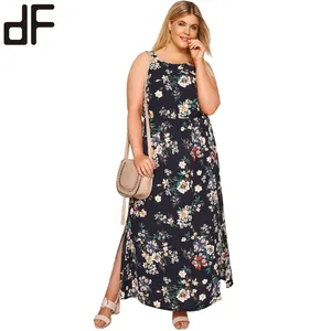 Plus Size Scoop Hals Floor-Lengte Mouwloze Lange Maxi Zomer Jurken Ontwerpen Voor Dikke Dames Vrouwen Navy Bloemen Maxi jurk