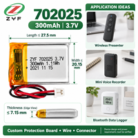 Pile rechargeable compacte au lithium-ion 702025 300mAh 3.7V avec certification UN38.3 CE pour télécommande sans fil et clé intelligente