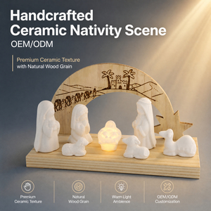 Ensemble <span class=keywords><strong>de</strong></span> crèche en céramique faite à la main avec arche en bois, mangeoire LED, Sainte Famille, chameau, mouton, bœuf, décoration <span class=keywords><strong>de</strong></span> table <span class=keywords><strong>de</strong></span> Noël en gros - Product Image 2
