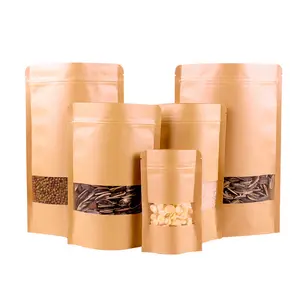 STOCK Sac en papier kraft vierge bon marché en gros pochette debout en plastique laminé avec fenêtre à fermeture éclair pour emballage alimentaire café thé