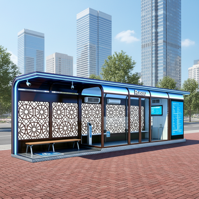 Custom Made Bus Station, Air Conditioner Bus Stop Shelter with IP65 Outdoor LCD Screen Digital Signage & LED Display Sign