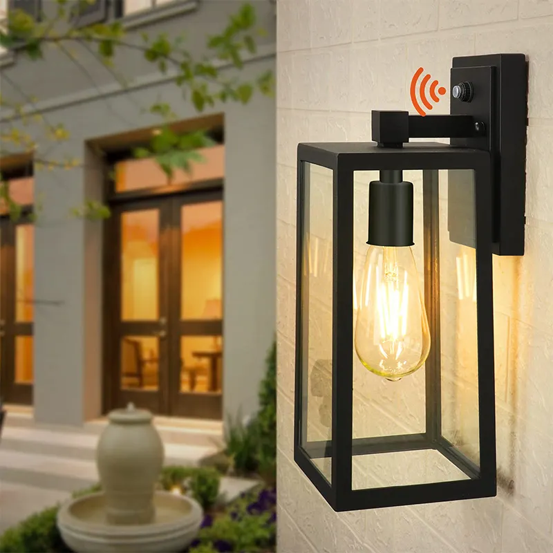 E26 Photocell Sensor Porch Waterproof Outdoor Light Fixtures Wall Mount Dusk Dawn Black Rectangle Outdoor Wall Sconce