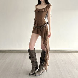 Vestido Mini Asimétrico con Lazo y Volantes para Mujer, Estilo Francés Sexy, Corte Regular, Color Sólido, Lavable, Estilo Grunge Chic - Product Image 6