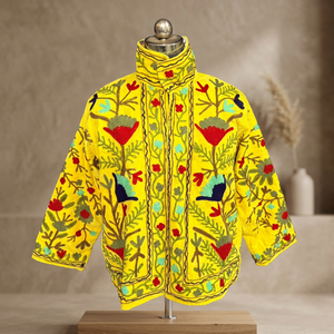Premium Yellow Suzani <b>Velvet</b> <b>Jacket</b> Gorgeous Floral Embroidered Short Coat Aesthetic Boho Winter Outerwear <b>Women</b> Fashion - Product Image 5