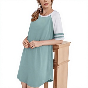 Vestido Camisero Largo de Mujer con Bloques de Color y Manga Raglán, Cuello Redondo, Ajuste Holgado, Tejido Casual 100% Algodón para Primavera/Verano - Product Image 4