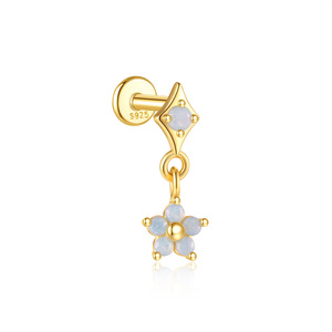 Boucles d'oreilles en argent S925 avec opale bleue exquise en forme de fleur à cinq pétales, plaqué or, à tête plate unique - Product Image 1
