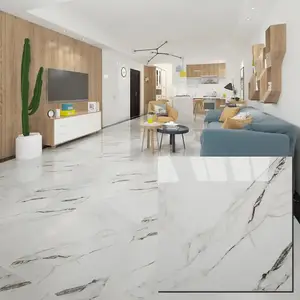 Diseño clásico moderno 600x600 600x1200 Azulejo de piso de mármol de porcelana blanca Carrara brillante para sala de estar