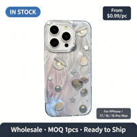 Coque en TPU souple antichoc esthétique avec paillettes argentées, motif étoile papillon et coquille de perle pour iPhone 17 16 15 14 13 Pro Max