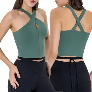 Sutiã esportivo acolchoado para mulheres, blusa de treino ultra macia com logotipo personalizado, blusa regata de movimento halter crop para academia