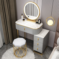 Coiffeuse extensible avec miroir LED, plateau en pierre frittée et tiroirs de rangement spacieux pour le maquillage