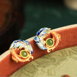 Imitation Natural Chalcedony Koi Enamel Glaze Zircon <b>Earrings</b> for Women New Chinese Style Retro Cloisonne Women's <b>Earrings</b> - Product Image 5