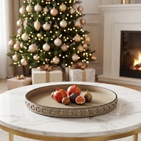 Plateau décoratif rond en similicuir beige avec impression de lettres, plateau de service de luxe ajouré pour table basse, décoration de table à domicile