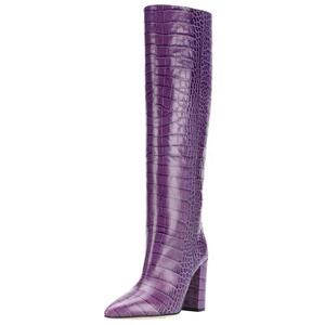 Bottes hautes pour femmes, taille 45, multicolores, à talons épais, en cuir de serpent, à bout pointu, longues, jusqu'au-dessus du genou - Product Image 5
