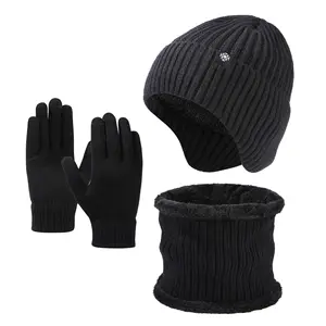 Wholesale Custom Logo Solid Color Beanie Knit Hat 100%Acrylic 3 Piece Winter Warm Thermal Knit Hat Scarf And Gloves Set For Men