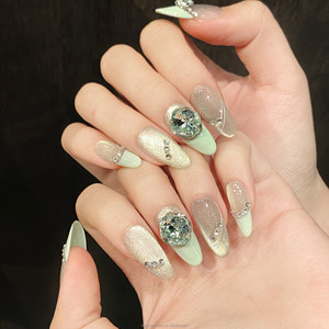 Faux ongles à presser, style français, <span class=keywords><strong>vert</strong></span> sucre de roche, effet œil de chat, grand diamant, ovale moyen - Product Image 3