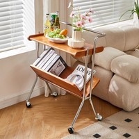 Étagère de bord en bois massif rétro français Table d'appoint créative de canapé de salon Table basse de chambre mobile avec roue petit chariot