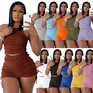 Abiti estivi completi da <span class=keywords><strong>donna</strong></span> pantaloncini da motociclista personalizzati completi Crop Top due pezzi Set casual all'<span class=keywords><strong>ingrosso</strong></span> <span class=keywords><strong>abbigliamento</strong></span> <span class=keywords><strong>donna</strong></span> - Product Image 2