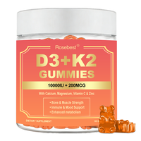 Complément alimentaire en gommes à la vitamine D3 10000 UI + K2 200 mcg, sans sucre, végétalien, marque privée, avec calcium, magnésium et zinc pour les os et l'immunité
