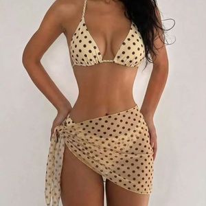 Polka Dot Digital Printing Knitted 120g Casual 2-Piece Halter <b>Triangle</b> <b>Bikini</b> <b>Set</b> Removable Padded Swimwear Beach Cover Skirt - Product Image 1