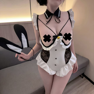 Body sexy en dentelle violette pour femme, lingerie avec volants, costume de cosplay lapin, tenue de jeu de rôle légère, fine et semi-transparente - Product Image 2