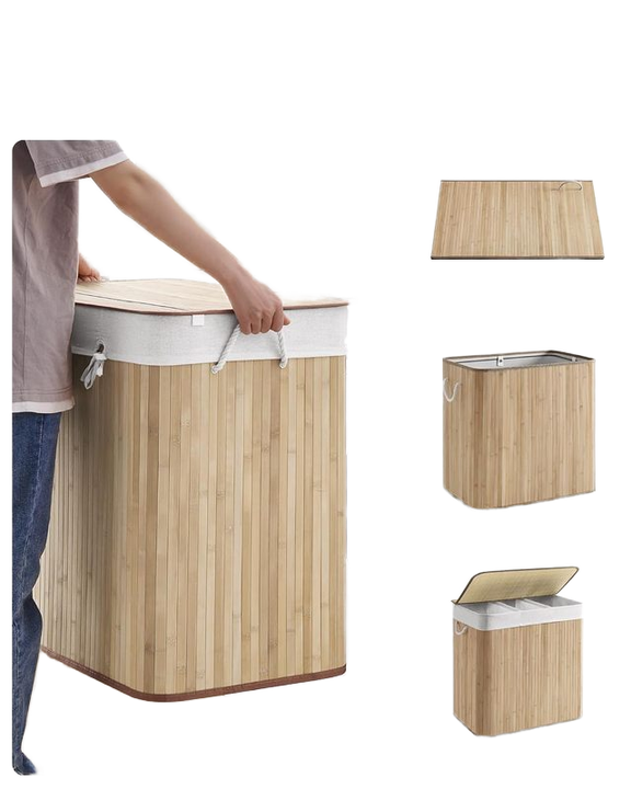 Compactor Bamboo Laundry Basket - Rectangular, Foldable, With Polycotton Liner, Natural - View #2