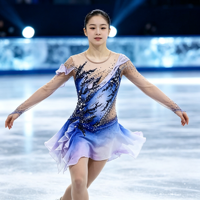 Robe de patinage artistique de luxe bleu-violet dégradé avec strass, dos en V profond, jupe de danse sur glace pour filles et femmes, tenue de compétition