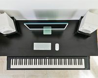 Music Recording Studio Desk with Piano Keyboard Tray, Recording Studio Workstation Table with Stands, Bottom Shelf