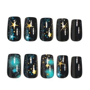 Unghie Finte Medie Quadrate con Cielo Stellato <span class=keywords><strong>Nero</strong></span>, Design Artistico in Rilievo, Stelle Sfumate, Unghie Acriliche a Copertura Totale per Donne e Ragazze, 24 Pezzi - Product Image 2