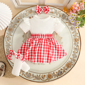 Completo Set Estivo 2026 per Bambine: Gonna Pied-de-Poule, Calzini e Copricapo in Cotone Traspirante con Maniche Volanti a Manica Corta - Product Image 5